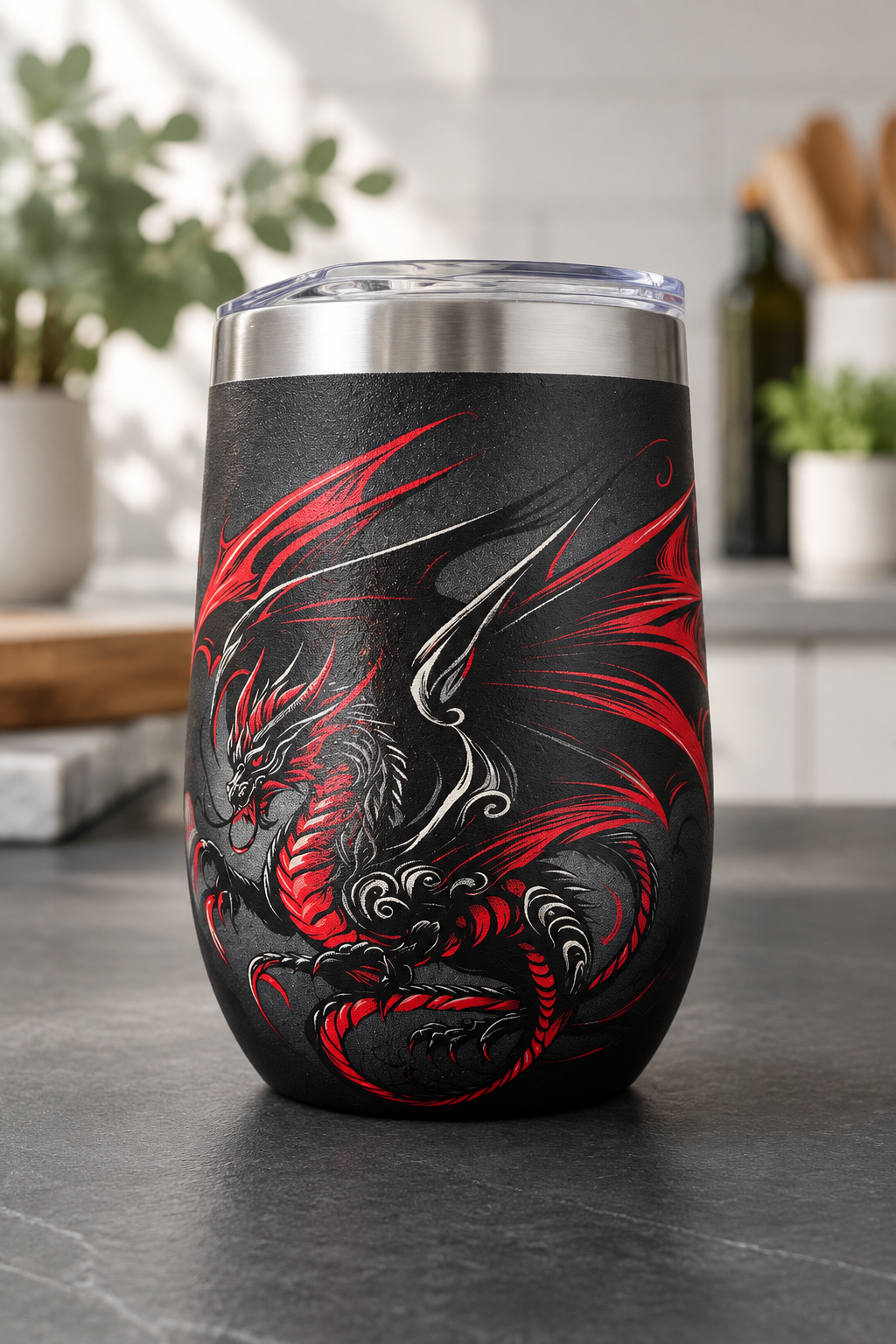 Stainless Steel Tumbler - "Dragon Arcana - Black/Red" 12Oz